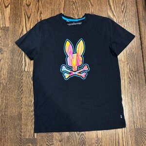 Psycho Bunny Black Tee with Neon Swirl Logo